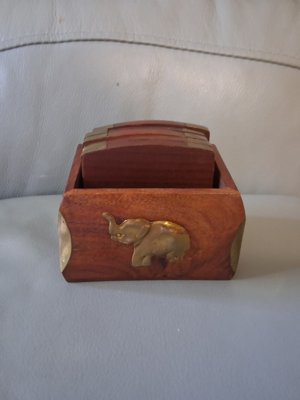 Vintage Wooden & Brass Elephant Tea Coaster Set (5)